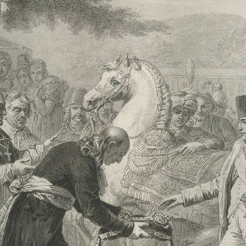 Napoleon Receives the Keys of Vienna, Antique French Engraving, circa 1840, close-up 4