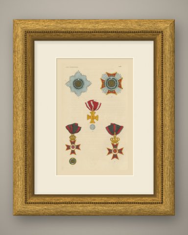 Grand Duchy of Hesse, Order of Louis Insignia, Plate XLIII, Wood Engraving, 1844, shown framed