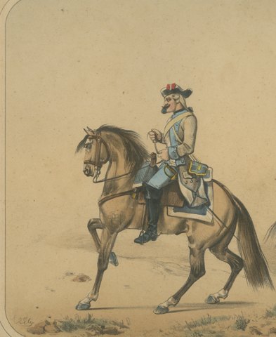 Spanish Cavalry, Two Horsemen in Cocked Hats, One with a Lance, Villegas, 1861, close-up 1