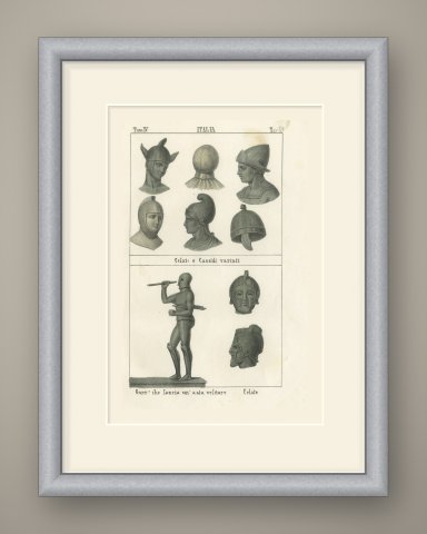 Ancient Helmets and a Bronze Warrior Hurling a Javelin, Lithograph, 1842, shown framed