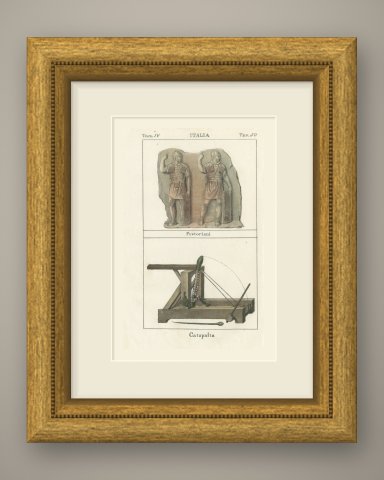 Roman Praetorians Relief and a Catapult, Italy, Hand Colored, 1842, shown framed