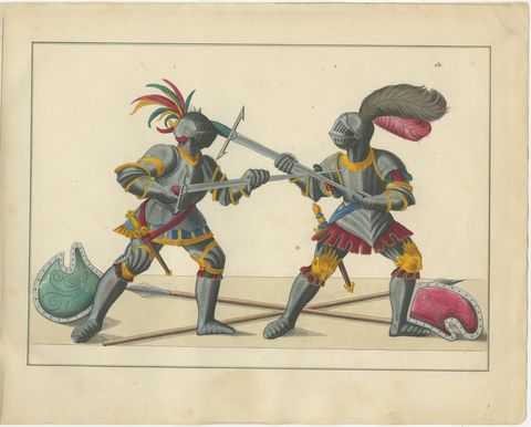 19th-Century Hand-Coloured Lithograph of Armoured Knights in Battle Scene, view 2