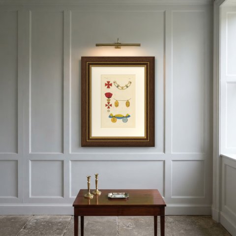 Sweden, Red Crosses, Collar and Medals, Plate LXXXI, Wood Engraving, 1844, shown framed on a wall