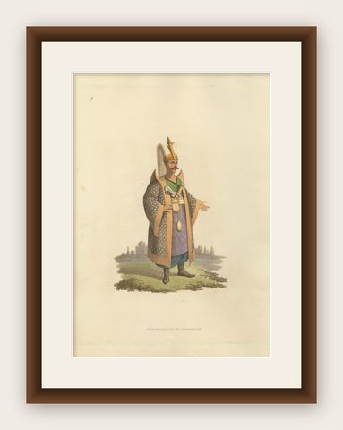 Antique Print of Colonel of Janizaries, the Military Costume of Turkey, 1818, shown framed