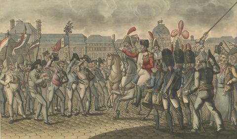 Napoleon Reviewing the Fédérés, Paris Tuileries Scene, French Engraving, 1815, close-up 2