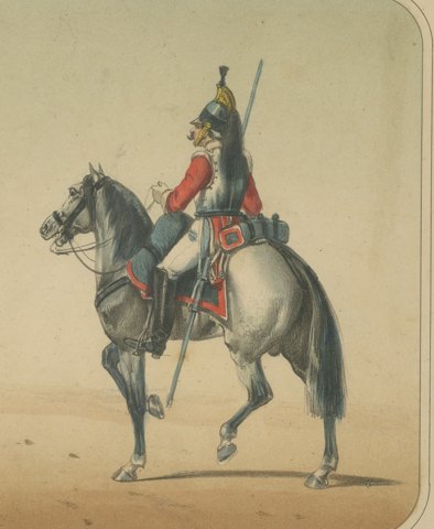 Spanish Cavalry Troopers in Bearskin Cap and Crested Helmet, Villegas, 1861, close-up 2
