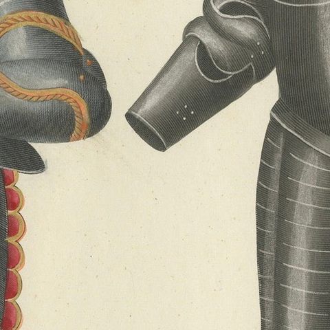 19th-Century Hand-Coloured Lithograph of Ornate Parade and Tournament Armor, close-up 4