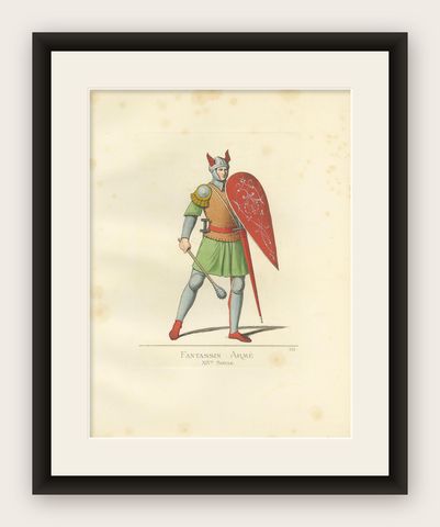 Antique Print of an Infantry Soldier, Italy, 14th Century, by Bonnard, 1860, shown framed