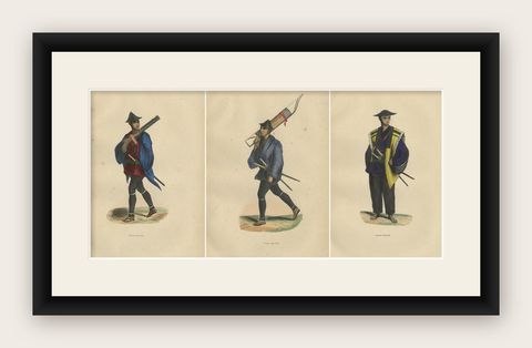 Japanese Soldiers Depicted in Hand-Colored Lithographs, Published in 1844, shown framed