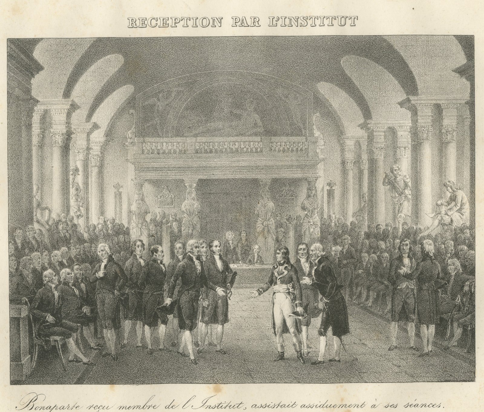 Bonaparte Received by the Institut de France, Antique Madou Lithograph, 1827