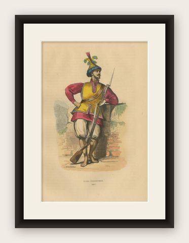Striking 19th-Century Lithograph of a Cochin Soldier by Auguste Wahlen, shown framed