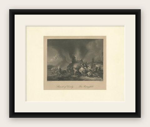 Antique Print of a Cavalry Battle Scene by Heawood, circa 1860, shown framed