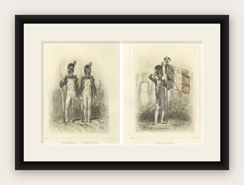 Napoleonic Foot Grenadiers, Chasseur, Grenadier, and Flag Bearer, 1859, shown framed