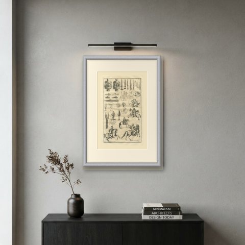 Roman Swords, Spearheads and Cavalry from Trajan's Column, Montfaucon, 1722, shown framed on a wall