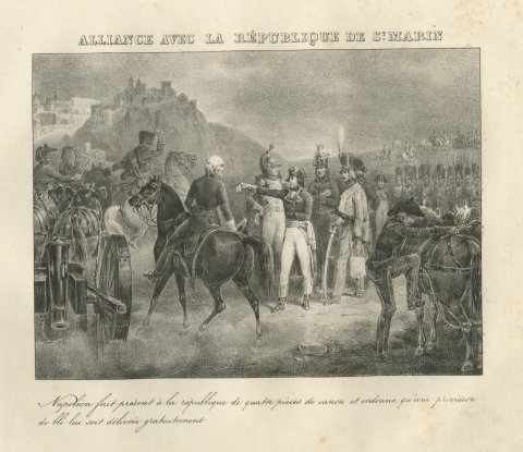 Alliance with San Marino, Four Cannon Given, Antique Madou Lithograph, 1827