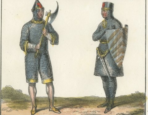 Peter of Amiens Preaching the Crusade and Two Crusaders in Mail, 1842, close-up 2