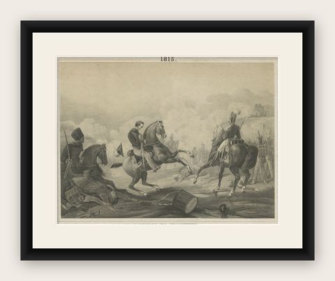 Antique Print of Dutch Prince Willem of Orange at the Battle of Waterloo, c.1855, shown framed