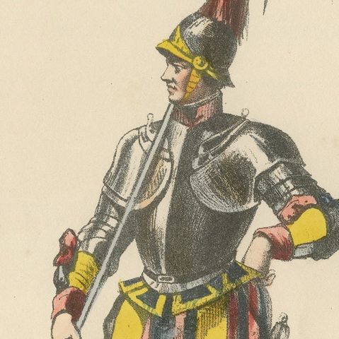 Swiss Guard in Cuirass: Handcolored Print of Ceremonial Armor, Plate 42, 1862, close-up 2