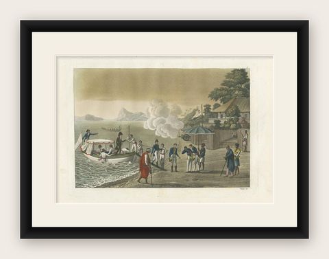 Antique Print of the Landing of French Troops on Timor by Ferrario, 1831, shown framed