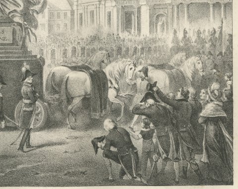 The Ashes of Turenne Borne to the Invalides, Antique Madou Lithograph, 1827, close-up 3