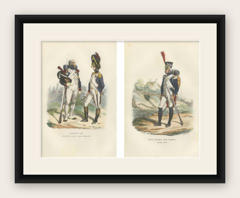 Napoleonic Imperial Guard Grenadiers, Officer and Soldier, French Prints, 1843, shown framed