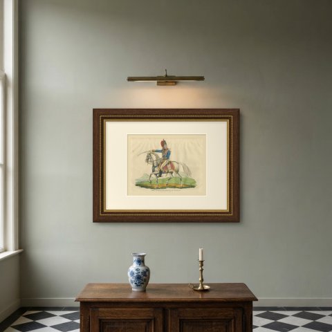 Marquis of Anglesey in Hussar Uniform with Raised Saber, Hand Colored, 1815, shown framed on a wall