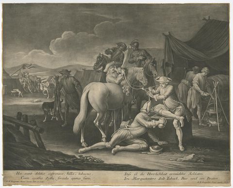 Mezzotint of Soldiers Near the Sutler's Tent for Tobacco, Beer and Meat, Ca.1750, view 2