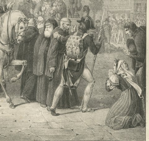 Bologna, the Foreign Monks Expelled, Antique Madou Lithograph, 1827, close-up 2