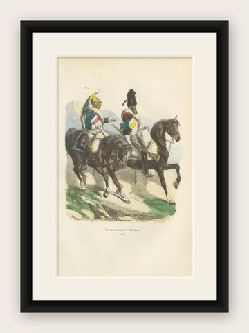 Napoleonic Dragoons and Dragoon Sapper, French Cavalry, Published 1843, shown framed