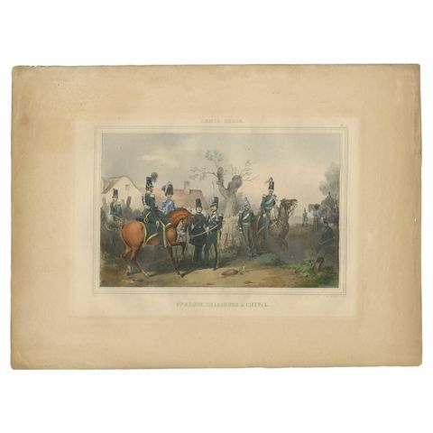 Old Hand-Colored Print of Officers and Horses of the Belgium Army, 1833, view 2