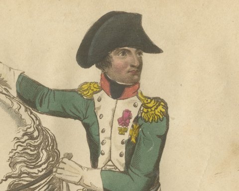 Napoleon Bonaparte on a White Charger Before the Tricolor Flag, 1815, close-up 1