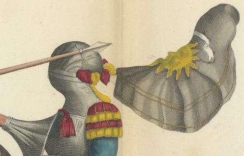 1842 Hand-Coloured Lithograph: Two Knights Jousting in Vibrant Heraldic Colours, close-up 1