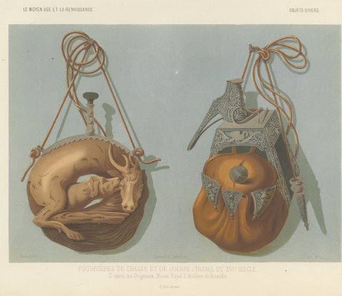 Hunting and War Powder Flasks, Brussels Artillery Museum, Antique Print, 1851