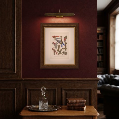 English Sword, Helm and Gauntlets, Antique Print, 1851, shown framed on a wall