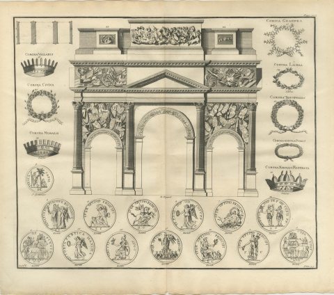 Roman Military Crowns and an Arch of Three Openings, Montfaucon, 1722, view 2