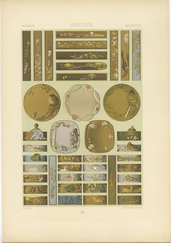 Pl. 10 Antique Print of Japanese Sword & Knife and Handles, Racinet, circa 1890, view 2