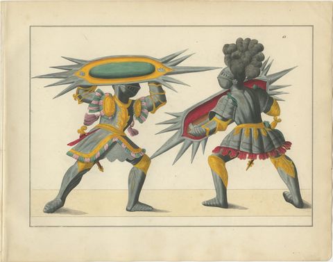 Dramatic 19th-Century Lithograph of Knights with Elaborate Spiked Shields, view 2