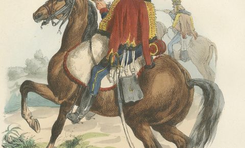 Hussar Cavalryman on Horseback, Napoleonic Military Print. Published in 1843, close-up 2