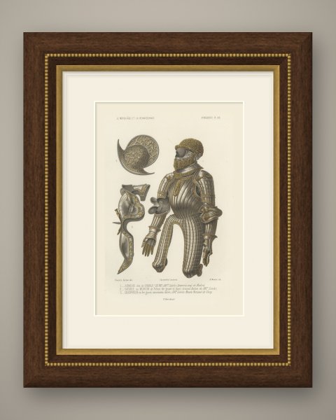 Armor of Charles the Fifth, Morion and Chanfron, Antique Print, 1851, shown framed