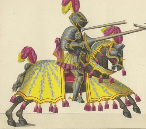 Magnificent Jousting Tournament Print with Handcoloured Knights and Horses, 1842, close-up 4