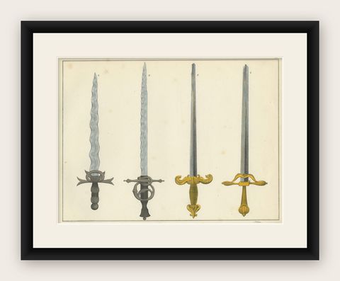 19th-Century Hand-Coloured Lithograph of Ornate Medieval and Renaissance Swords, shown framed