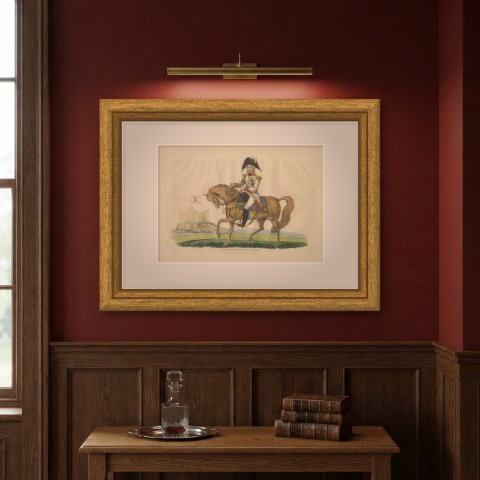 Emperor Francis II of Austria Riding Before a Hilltop Castle, Hand Colored, 1815, shown framed on a wall