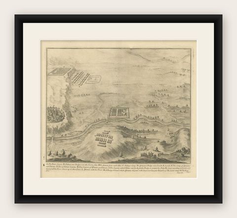 Antique Print of the Battle of Romans near the Sicoris or Segre in France, 1753, shown framed
