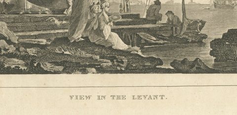 View in the Levant, Ottoman Harbour and Fortress, Antique Engraving, circa 1820, close-up 2