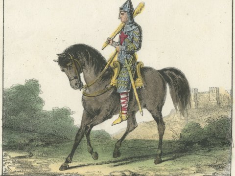 Crusader Ship and a Crusader Prince on Horseback, Hand Colored Lithograph, 1842, close-up 2
