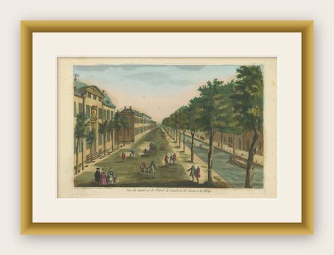 Optica Print, The Hague Canal and Cannon Foundry by Basset, c.1770, shown framed