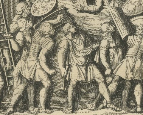 Roman Assault on Walls with Ladders, Trajan's Column, Montfaucon, 1722, close-up 2