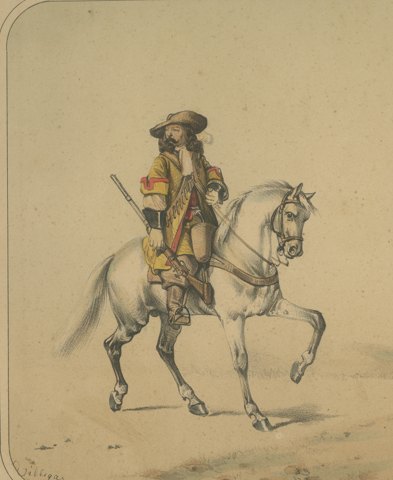 Spanish Cavalry Trooper and Mounted Drummer by Villegas, Clonard Album, 1861, close-up 1