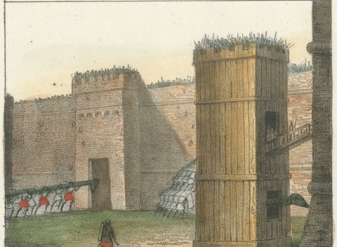 Ancient and Modern Assault on a City, Siege Tower and Battle, Lithograph, 1842, close-up 1