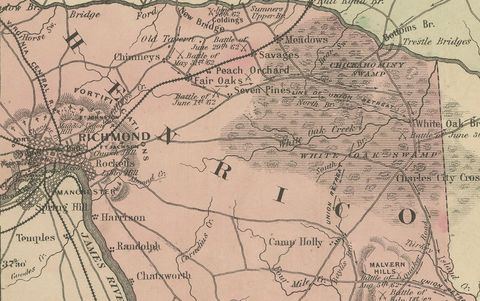 1862 Johnson's Map of the Vicinity of Richmond & Peninsular Campaign, Virginia, close-up 1